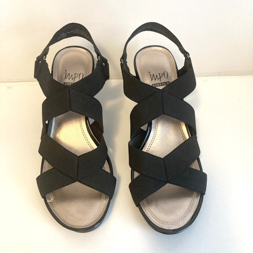 Impo Black Stretch Strappy Wedge Sandals/ Size 8M/ Comfortable Elastic Straps - Picture 2 of 9